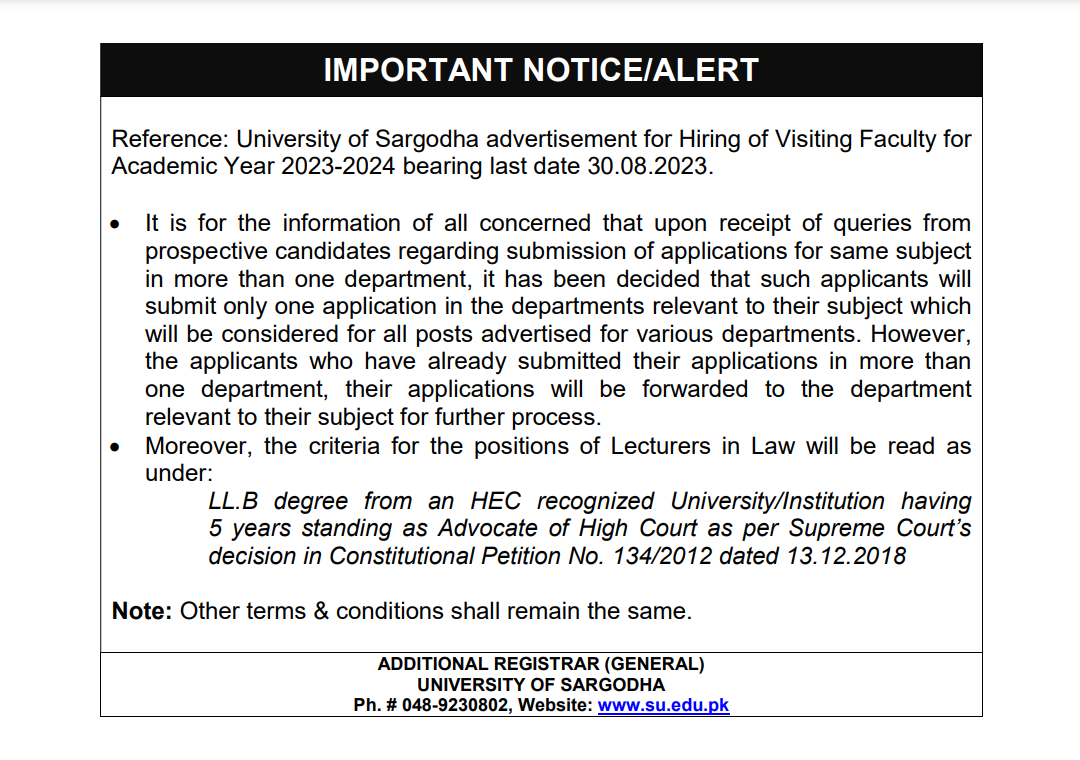 UOS advertisement for Hiring of Visiting Faculty for Academic Year 2023-2024